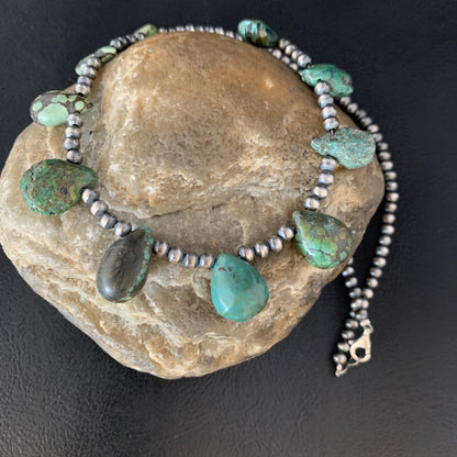 Teardrop Navajo Sterling Silver Green Turquoise Necklace 20" Native 13430
