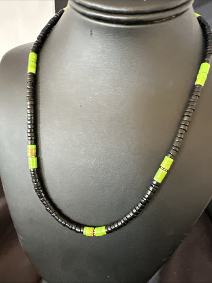Mens Green Gaspeite Onyx Heishi Southwestern Sterling Silver Necklace 19” 18713
