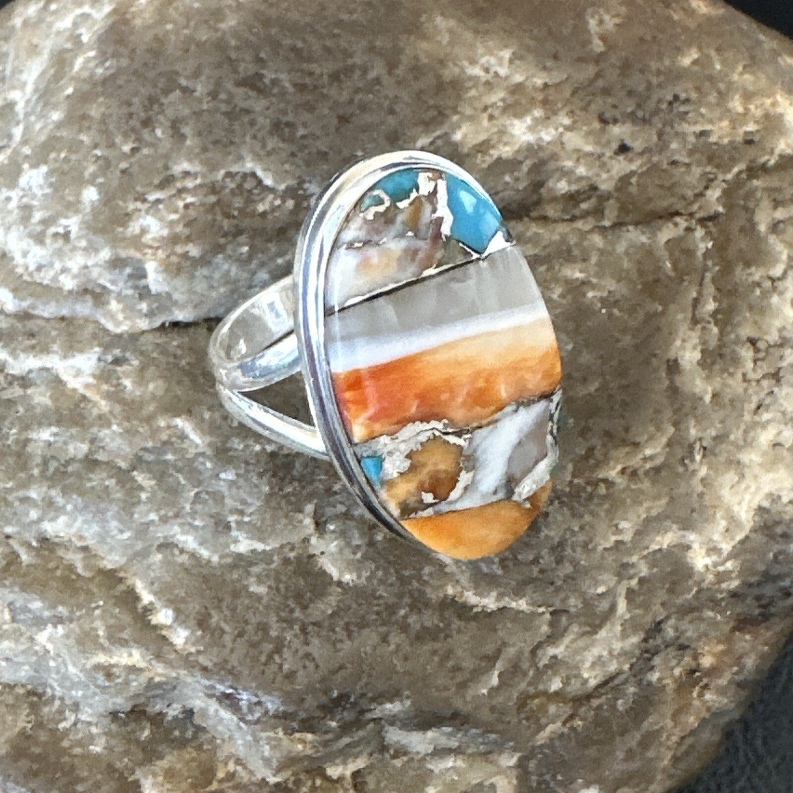 Blue Turquoise Spiny Oyster Navajo Sterling Silver Ring Size 8 18251