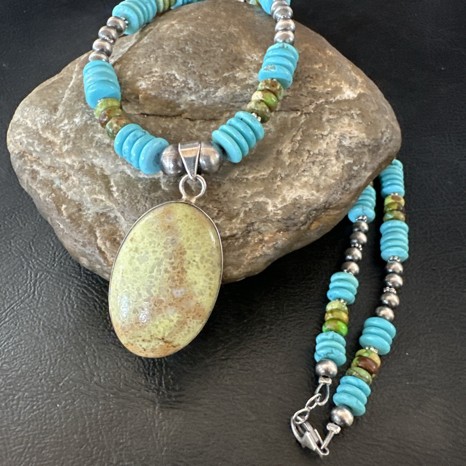 Green Gaspeite Pendant Blue Turquoise Navajo Sterling Silver Necklace 20" 19670