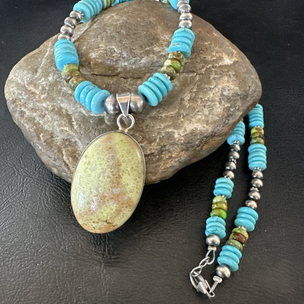 Green Gaspeite Pendant Blue Turquoise Navajo Necklace 20" | Sterling Silver | Authentic Native American Handmade | 19670