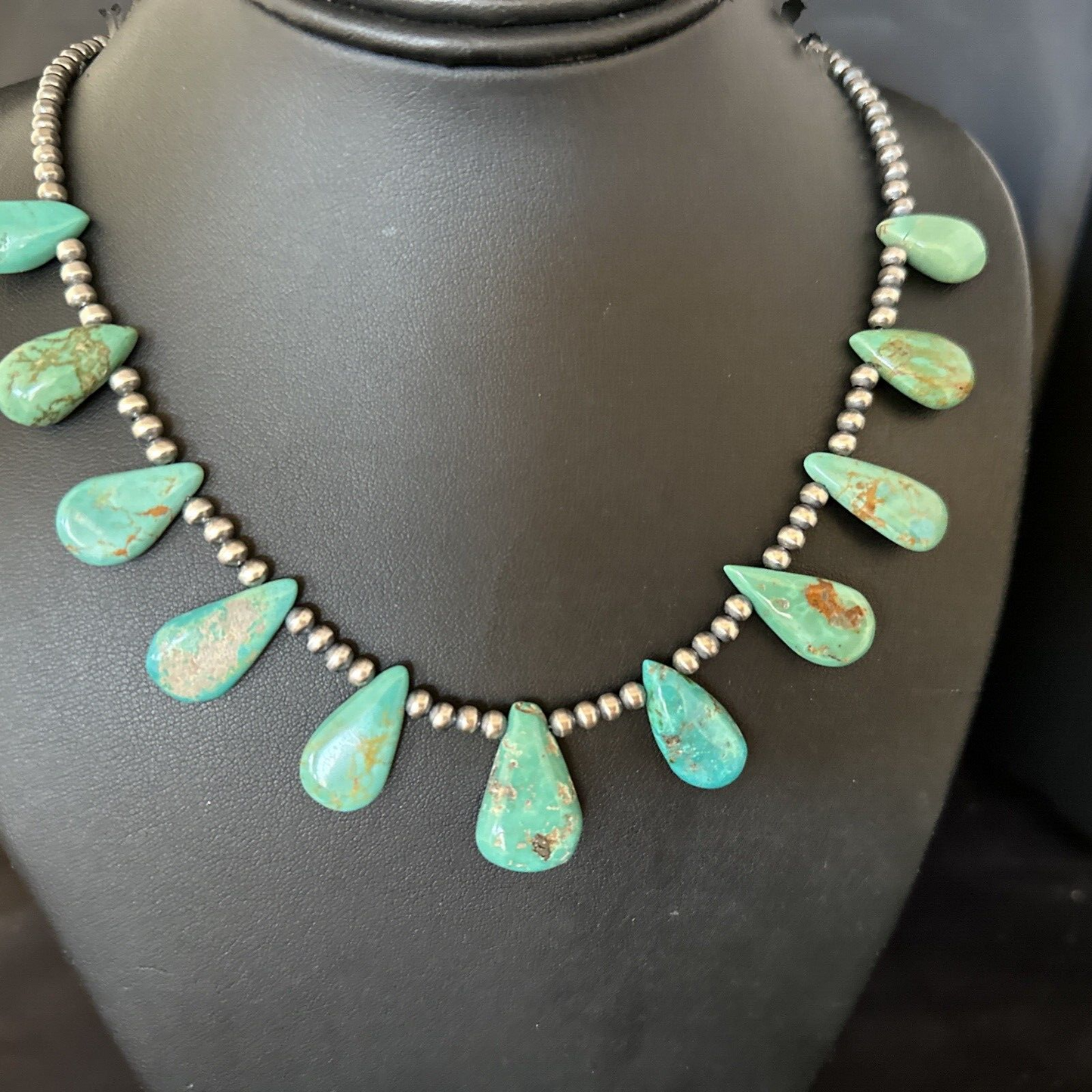 Blue Turquoise Teardrop Navajo Pearls Sterling Silver Necklace 14390