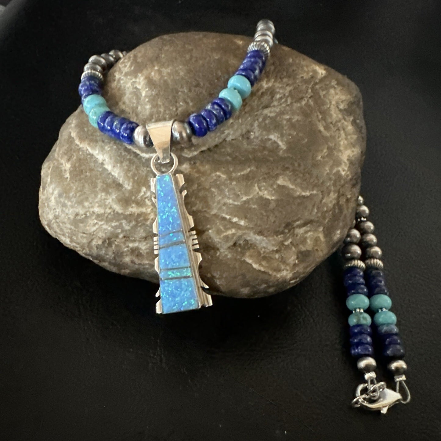 Mens Blue Turquoise Lapis Opal Pendant Navajo Sterling Silver Necklace 20" 17896