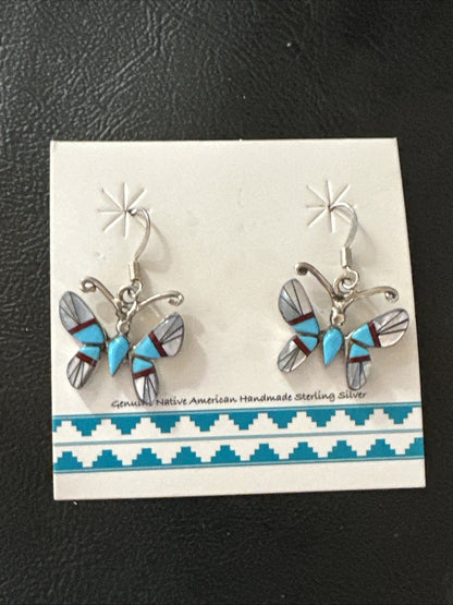 Butterfly Multicolor Turquoise MOP Inlay Sterling Silver Earrings 19816