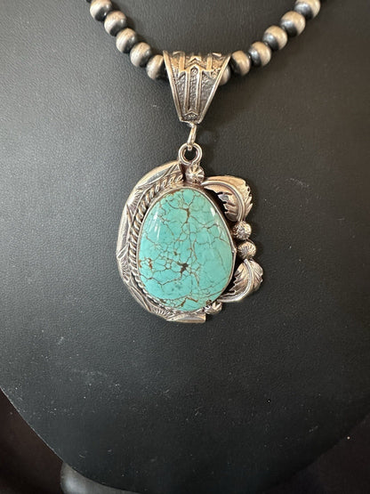 Blue Turquoise #8 Pendant Navajo Pearls Sterling Silver Necklace 19388