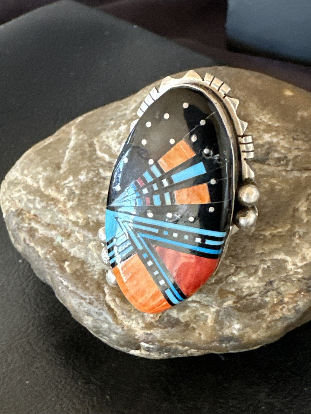 Onyx Turquoise Spiny Navajo Cosmic Inlay Sterling Silver Ring Size 10 19783