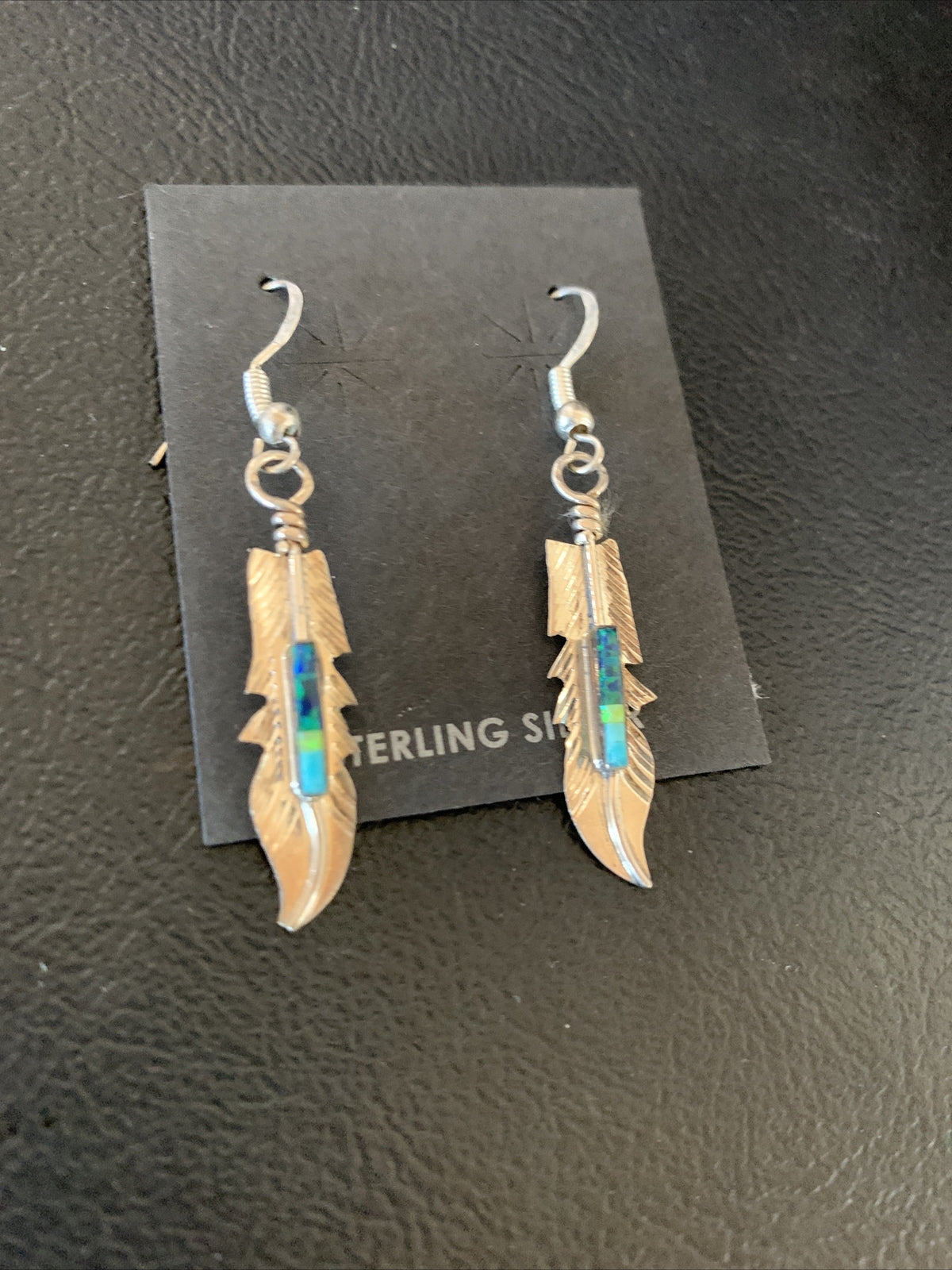 Blue Turquoise Sterling Silver Navajo Handmade Inlay Feather Earrings 13086