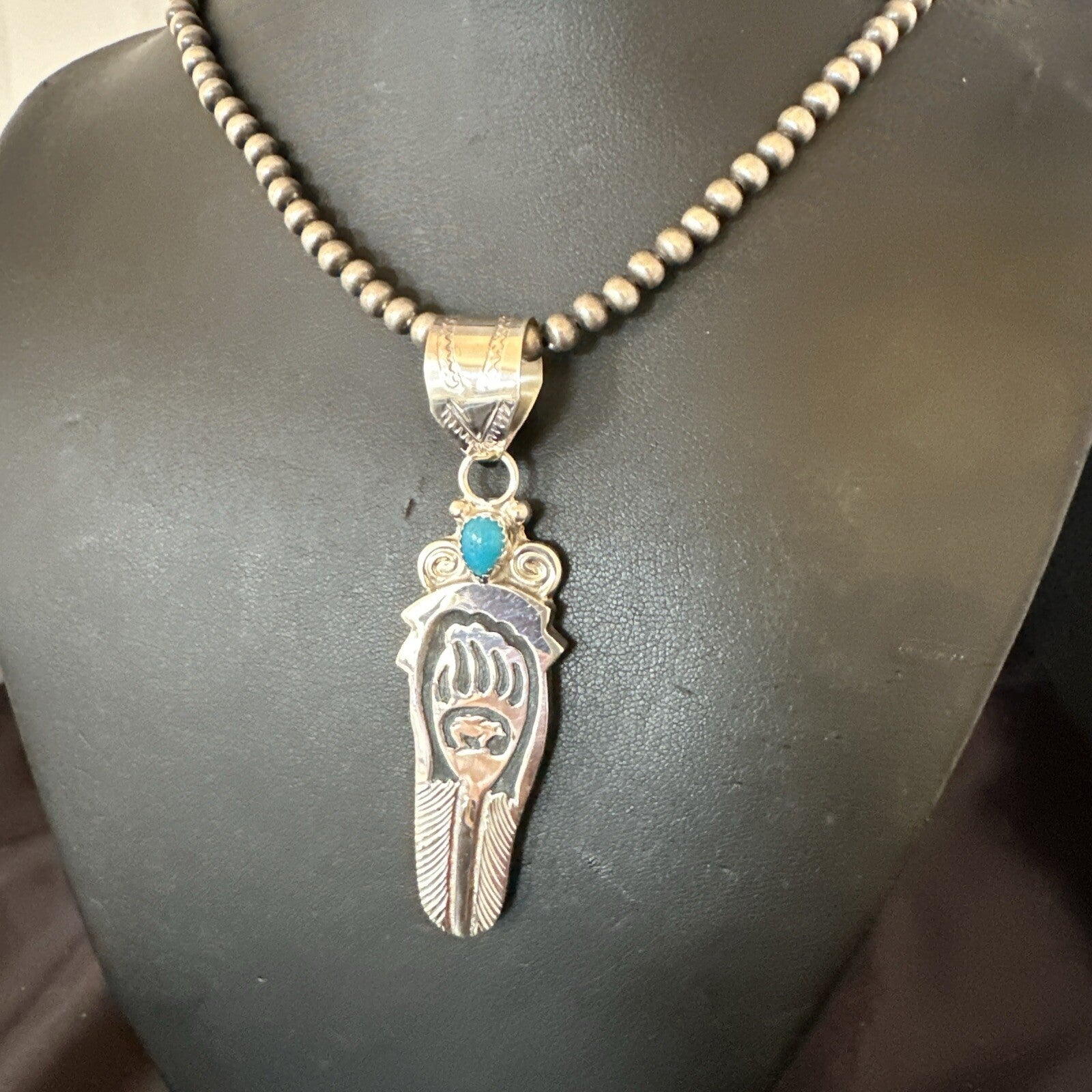 Feather BearPaw Navajo Sterling Silver Blue Turquoise Necklace Pendant 17813