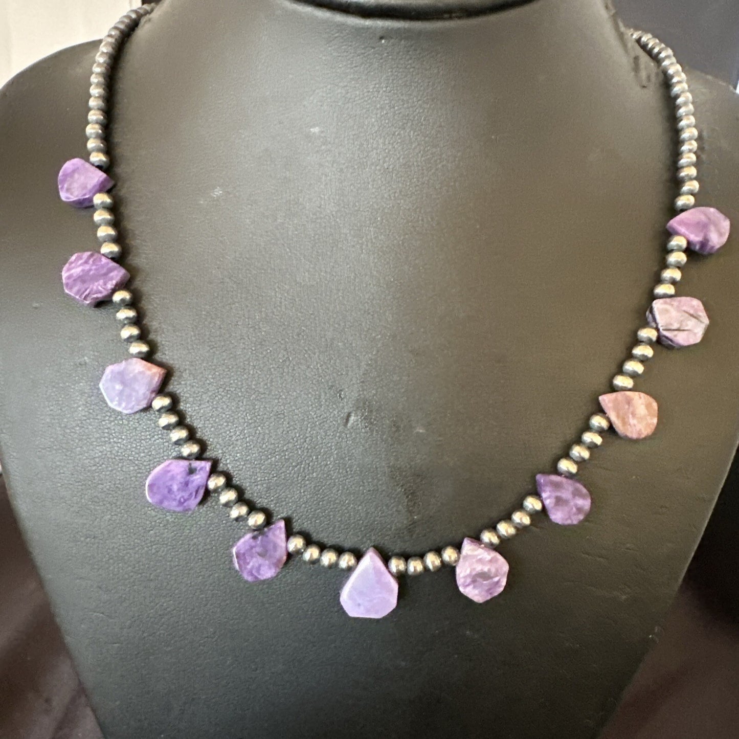 Purple Charoite Teardrop Navajo Pearls Sterling Silver Necklace 20" 17933