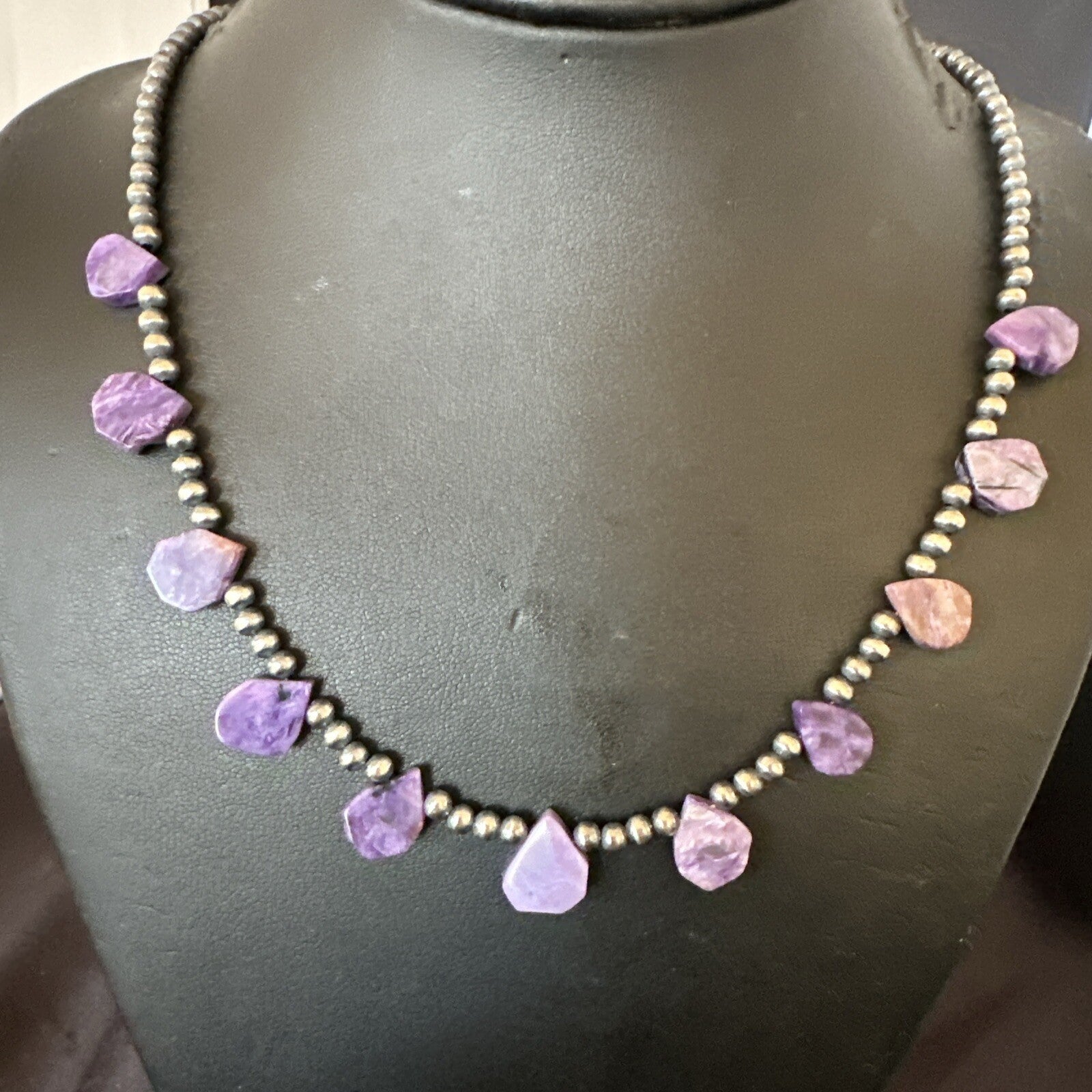 Purple Charoite Teardrop Navajo Pearls Sterling Silver Necklace 20" 17933