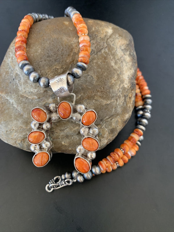 Spiny Oyster Naja Pendant Navajo Pearls Necklace | Sterling Silver | Authentic Native American Handmade | 12091