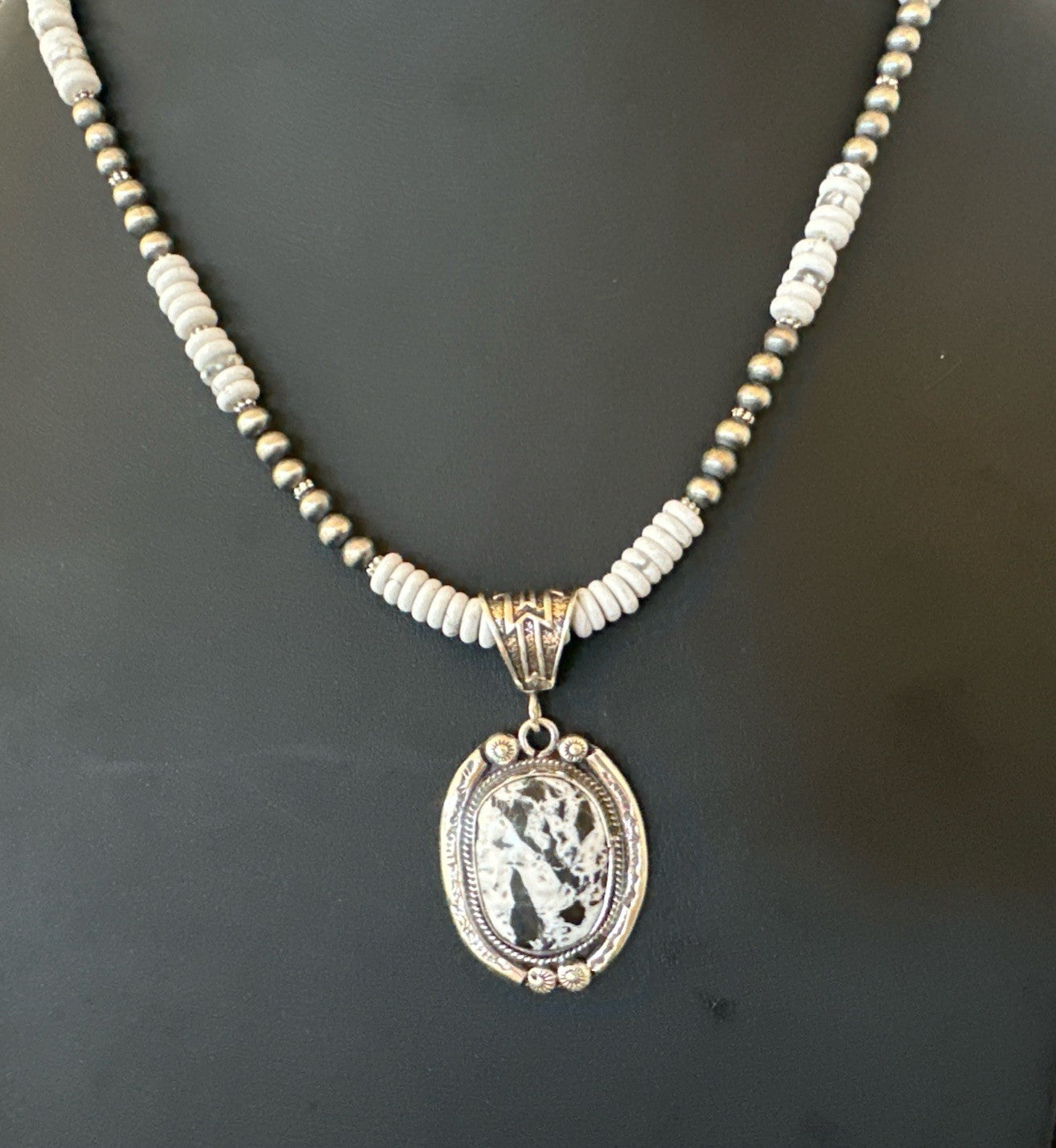 White Buffalo Turquoise Pendant Navajo Pearls Sterling Silver Necklace 20” 19499