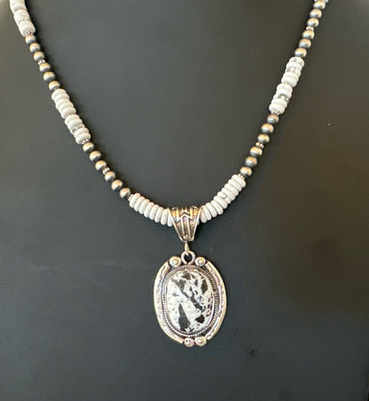 White Buffalo Turquoise Pendant Navajo Pearls Sterling Silver Necklace 20” 19499