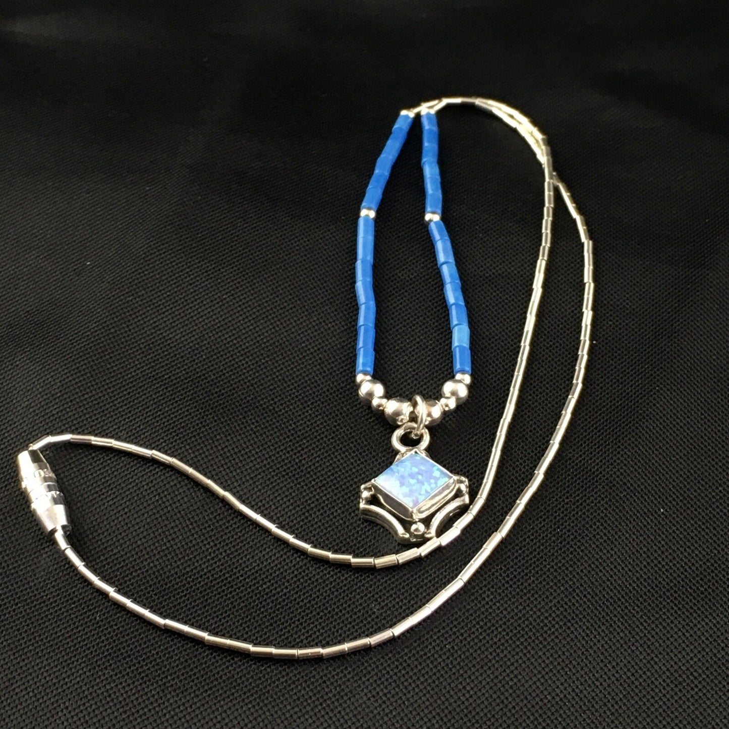 Girls Opal Pendant Lapis Beads Sterling Silver Necklace 15" 10124
