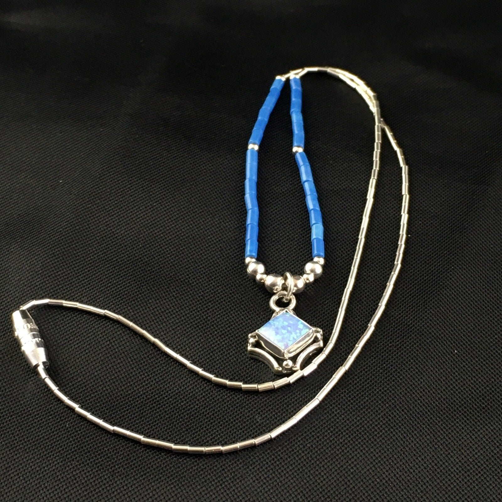 Girls Opal Pendant Lapis Beads Sterling Silver Necklace 15" 10124