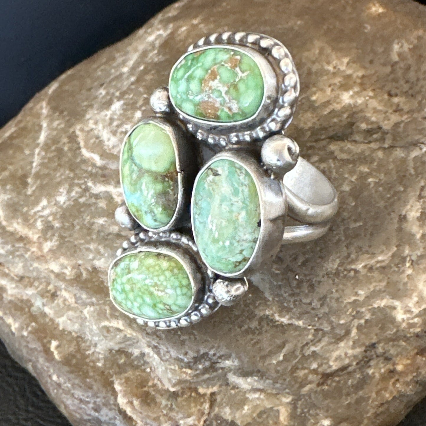 Navajo Sterling Silver Cluster Green Sonoran Gold Turquoise Ring Sz 11 18618