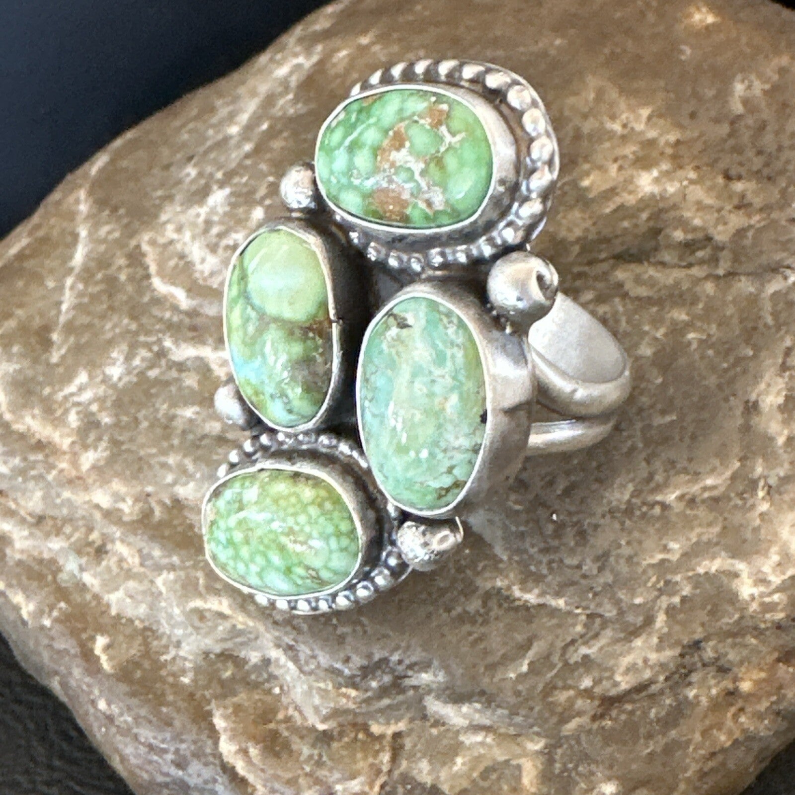 Navajo Sterling Silver Cluster Green Sonoran Gold Turquoise Ring Sz 11 18618