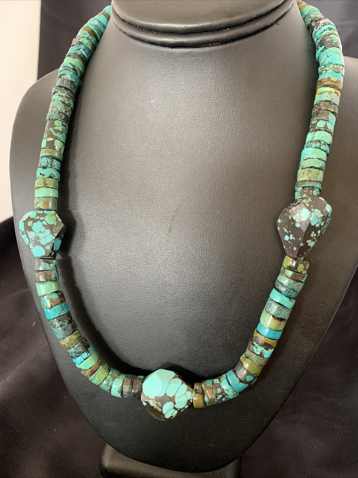 Men Chunky Spiderweb Turquoise Heishi Navajo Sterling Silver Necklace 21” 124506