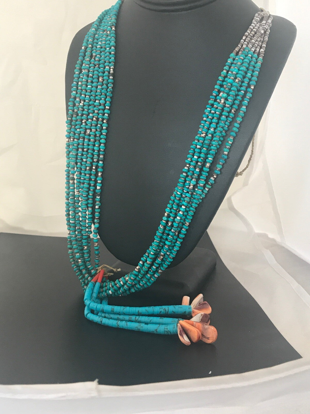 Mens Turquoise Bead 9 Strands Navajo Pearls Sterling Silver Necklace 08451