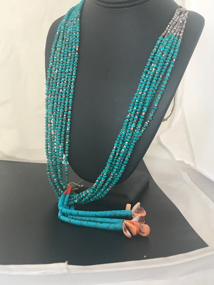Mens Turquoise Bead 9 Strands Navajo Pearls Sterling Silver Necklace 08451