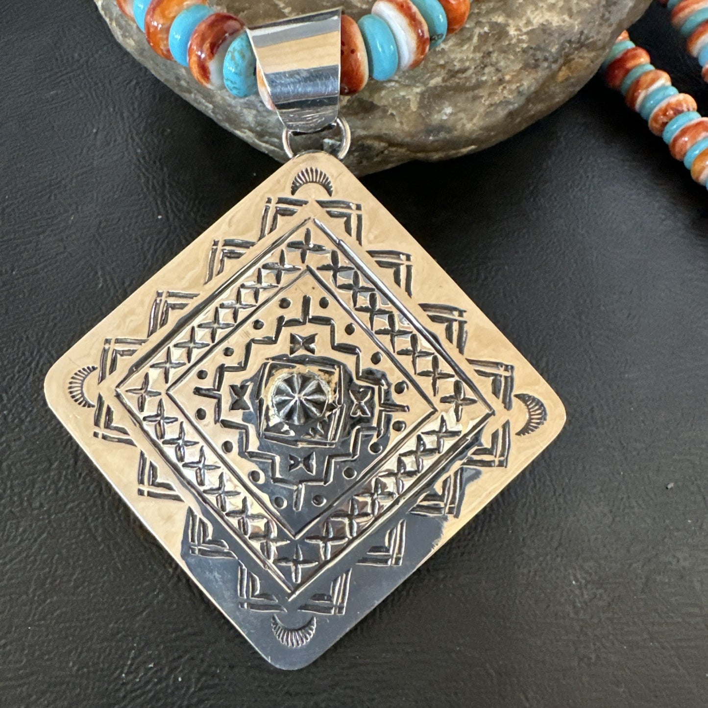 Orange Spiny Oyster Turquoise Navajo  Pendant Sterling Silver Necklace 21” 19043