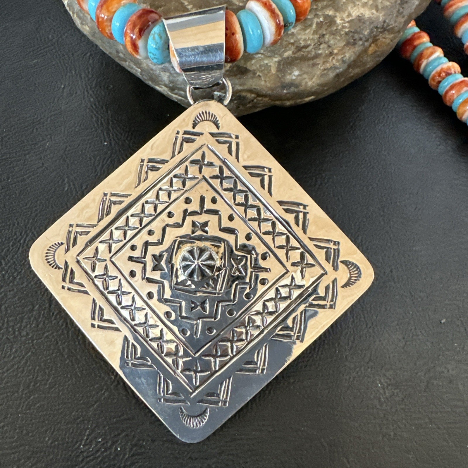 Orange Spiny Oyster Turquoise Navajo  Pendant Sterling Silver Necklace 21” 19043