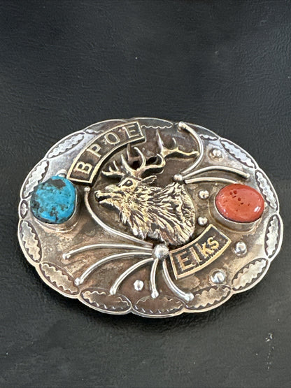 Elk Blue Turquoise Coral Navajo Sterling Silver Concho Belt Buckle 17972