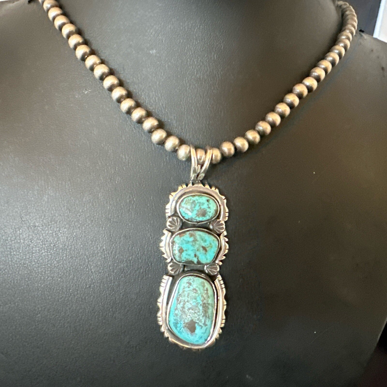 Blue Kingman Turquoise 3 Stone Navajo Sterling Silver Cluster Pendant 17633