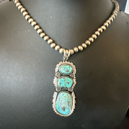 Blue Kingman Turquoise 3 Stone Navajo Sterling Silver Cluster Pendant 17633