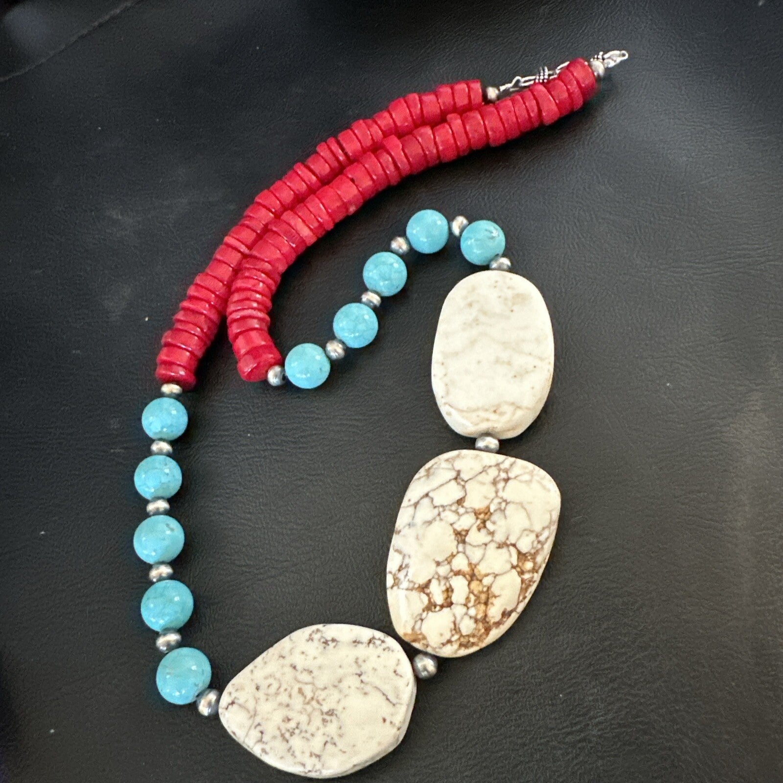 Mens Wild Horse Blue Turquoise Red Coral Navajo Sterling Silver Necklace 17982