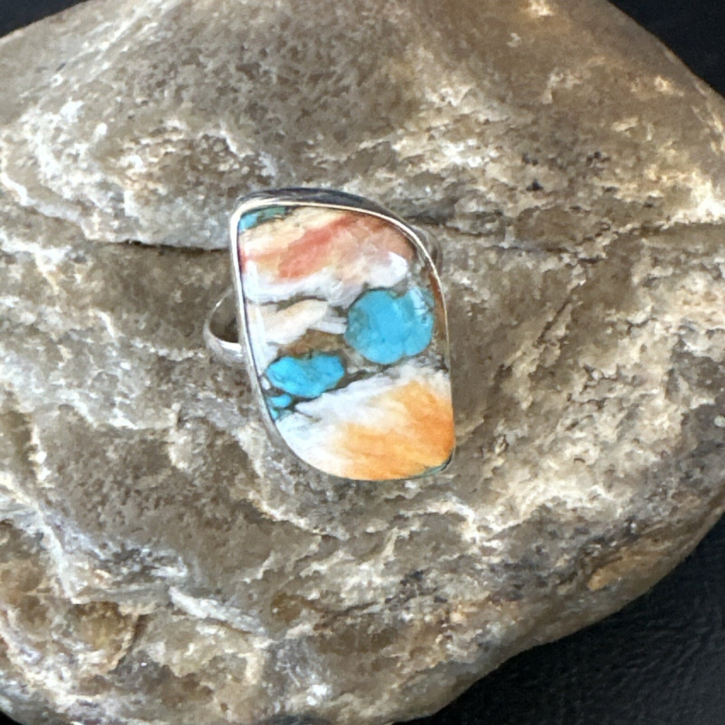 Blue Turquoise Spiny Oyster Navajo Sterling Silver Ring Size 8 18250