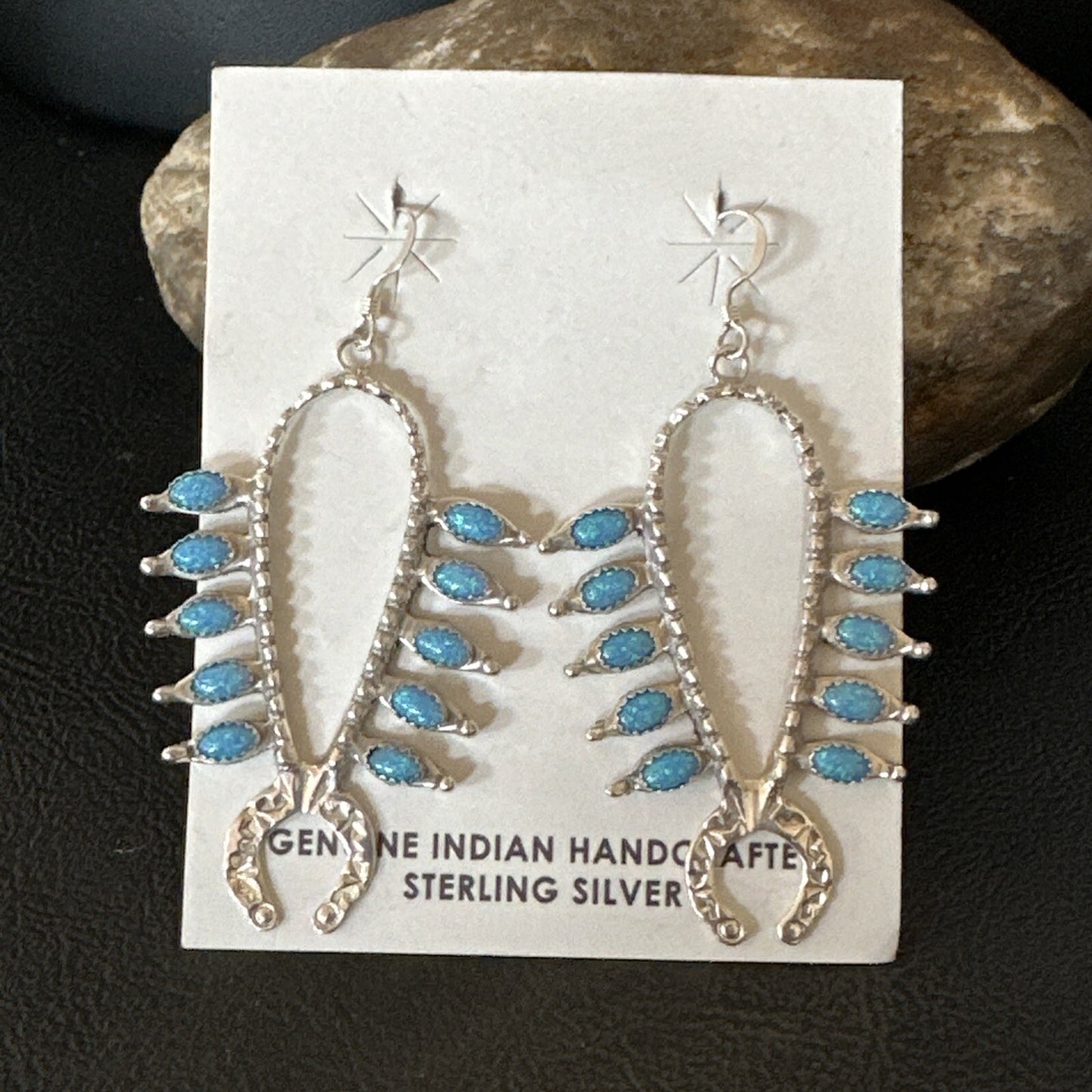 Womens Blue Opal Navajo Squash Blossom Sterling Silver Earrings 18549