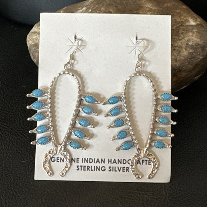 Womens Blue Opal Navajo Squash Blossom Sterling Silver Earrings 18549