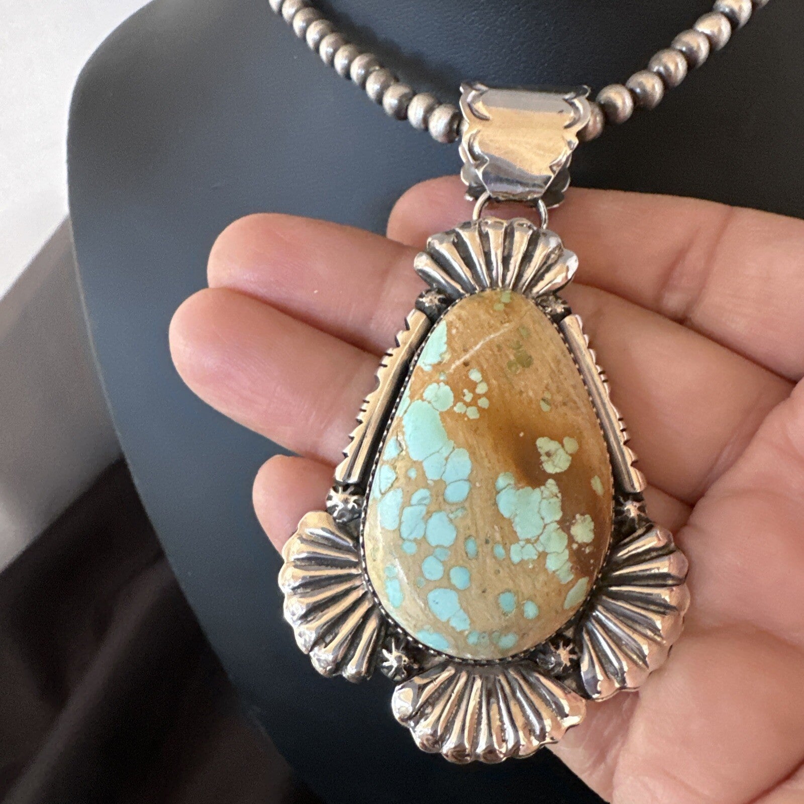 XL WoMens Royston Turquoise Pendant Navajo Pearls Sterling Silver Necklace 18748