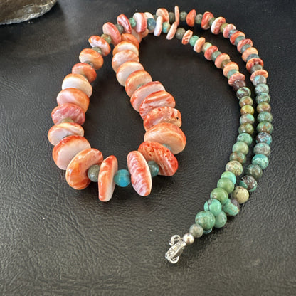 Red Spiny Oyster Green Turquoise 23” Long Navajo Sterling Silver Necklace 17762