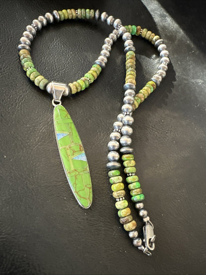 WoMens Green Gaspeite Turquoise Opal Pendant Sterling Silver Necklace 18666