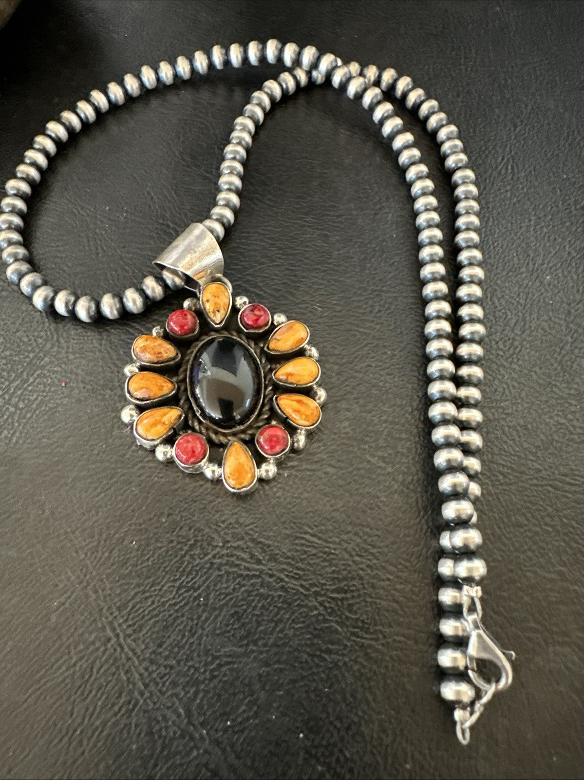 Onyx Coral Orange Spiny Navajo Sterling Silver Cluster Pendant Necklace 19566