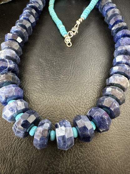Mens Turquoise 12mm Faceted Lapis Bead Navajo Sterling Silver Necklace 23” 18276