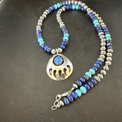 Mens Blue Turquoise Lapis BearPaw Pendant Navajo Sterling Silver Necklace 17882