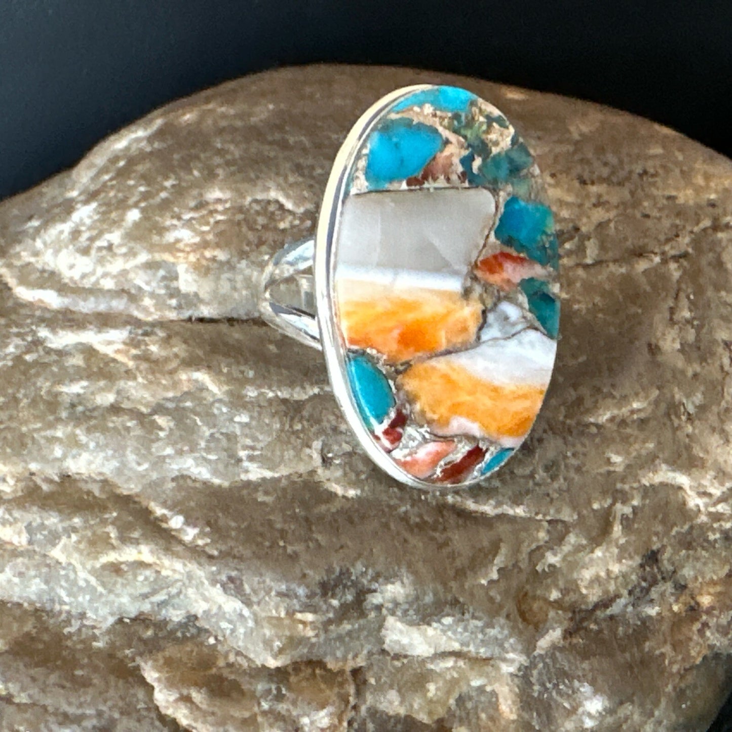 Blue Turquoise Spiny Oyster Southwestern Sterling Silver Ring Size 8 18547