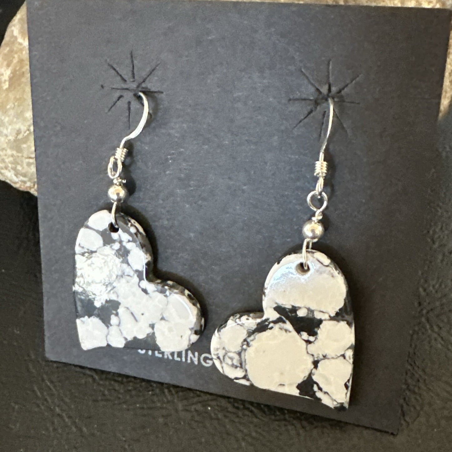 Heart Navajo Slab White Buffalo Turquoise Sterling Silver Earrings 17879