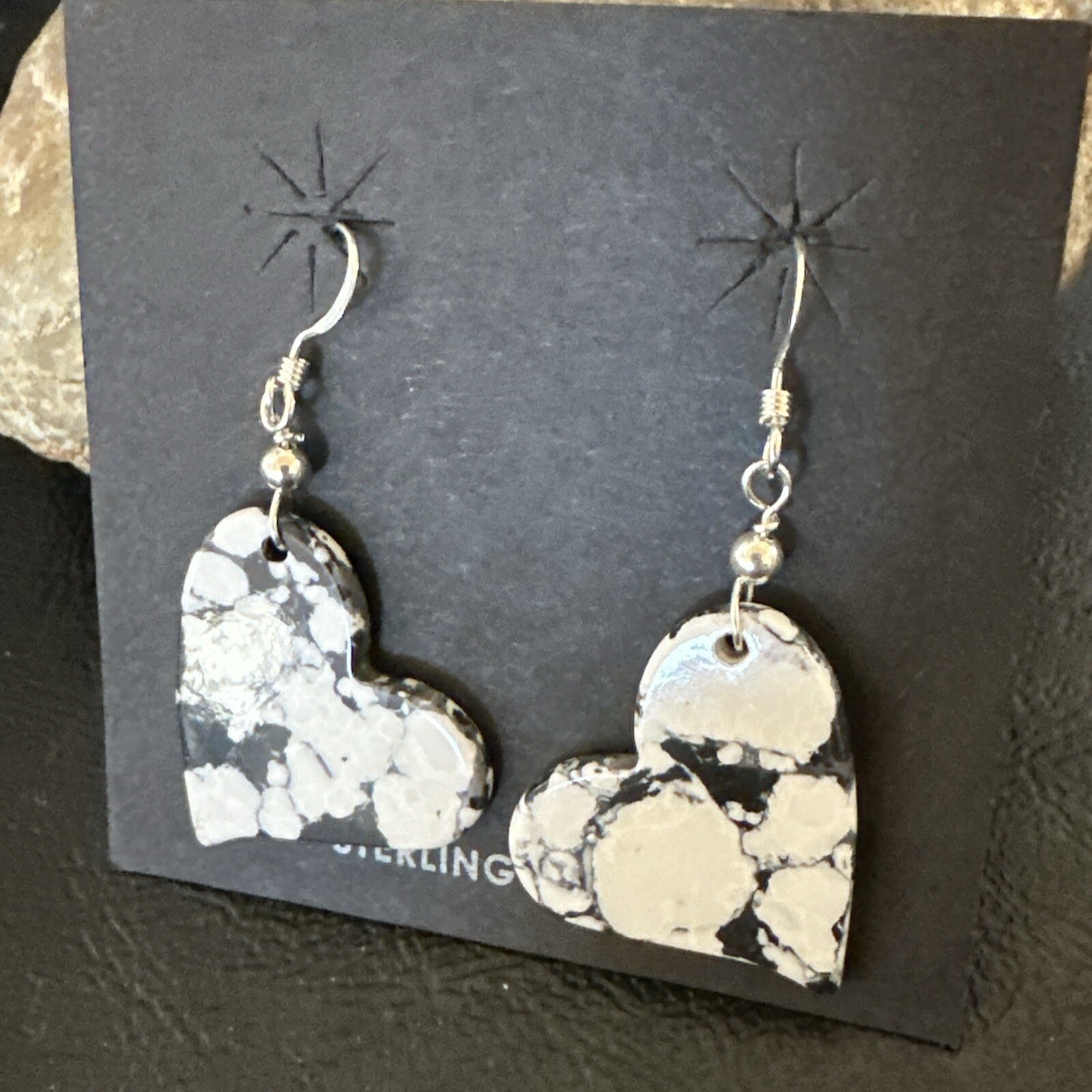 Heart Navajo Slab White Buffalo Turquoise Sterling Silver Earrings 17879