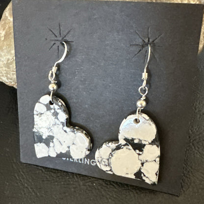 Heart Navajo Slab White Buffalo Turquoise Sterling Silver Earrings 17879