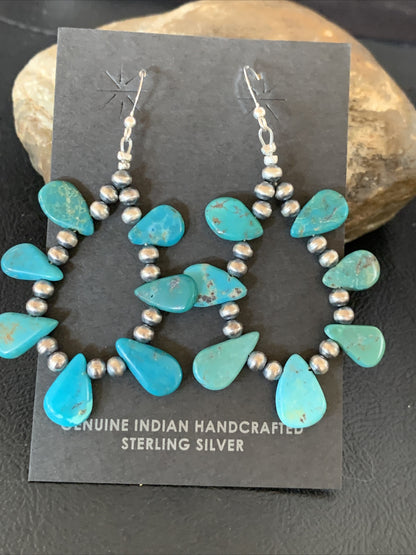 Blue Turquoise Bead Sterling Silver Beads Cluster Earrings 2" 13372N