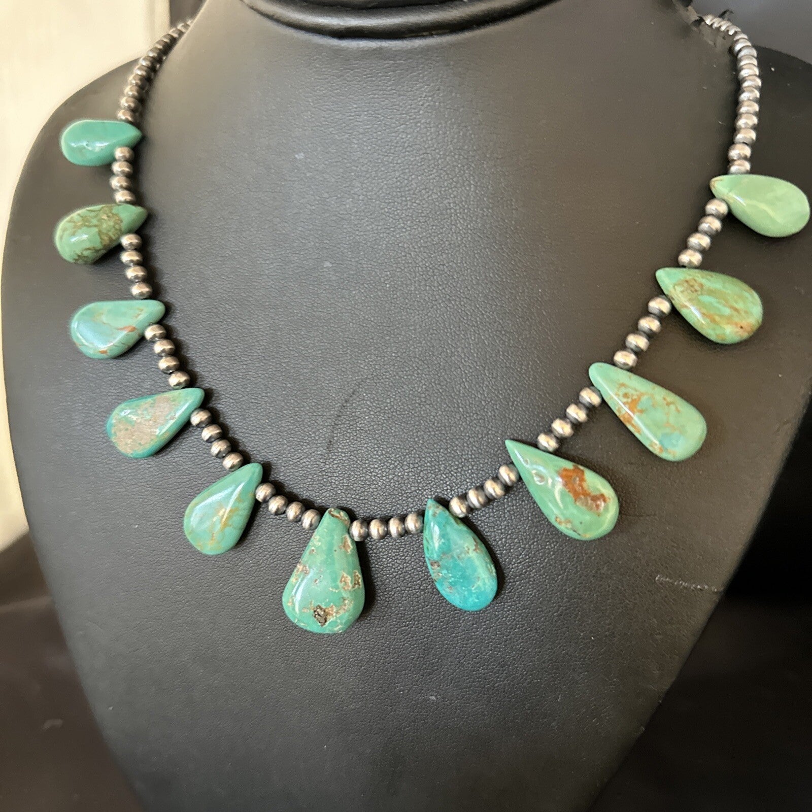 Blue Turquoise Teardrop Navajo Pearls Sterling Silver Necklace 14390
