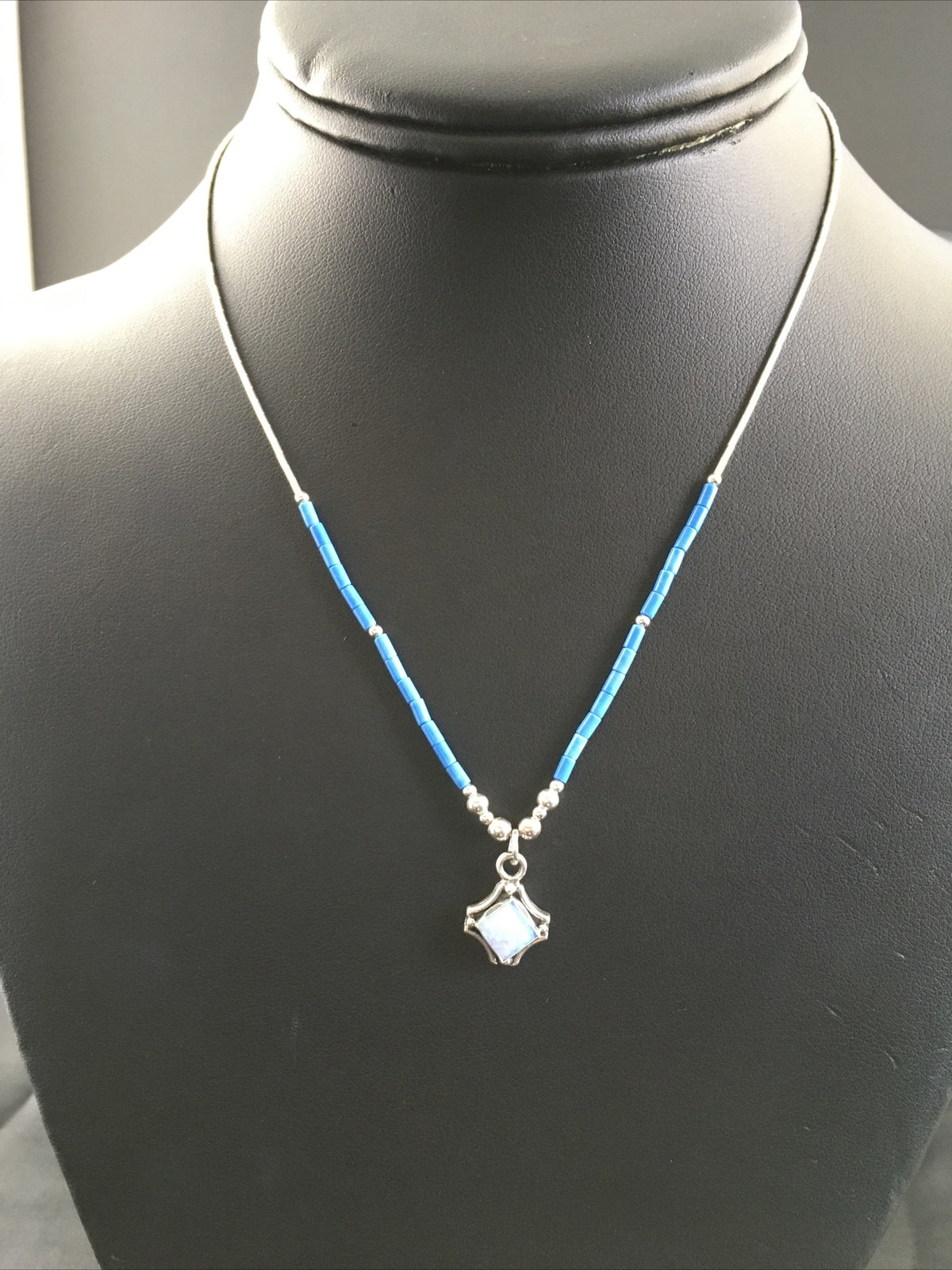 Girls Opal Pendant Lapis Beads Sterling Silver Necklace 15" 10124