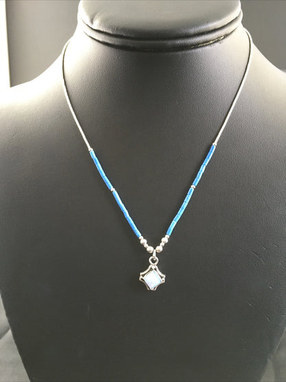 Girls Opal Pendant Lapis Beads Sterling Silver Necklace 15" 10124