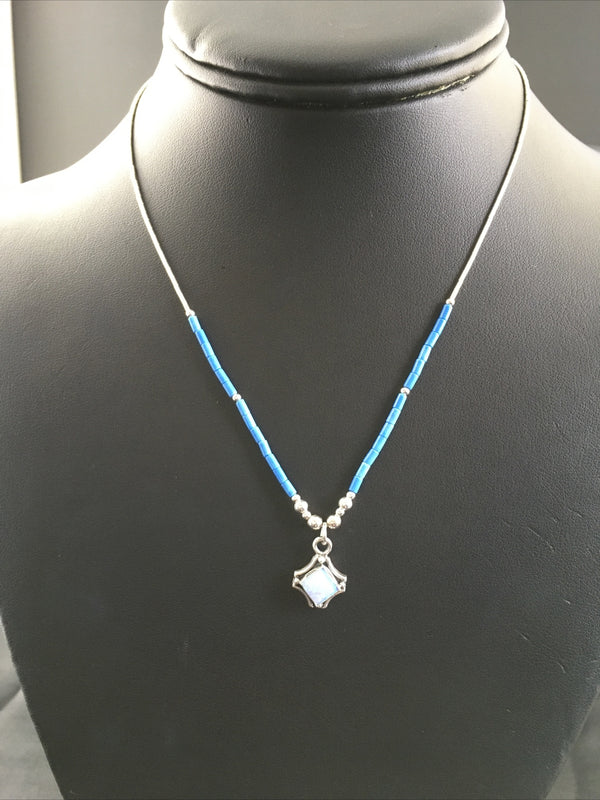 Girls Opal Pendant Lapis Beads Necklace 15" | Sterling Silver | Authentic Native American Handmade | 10124
