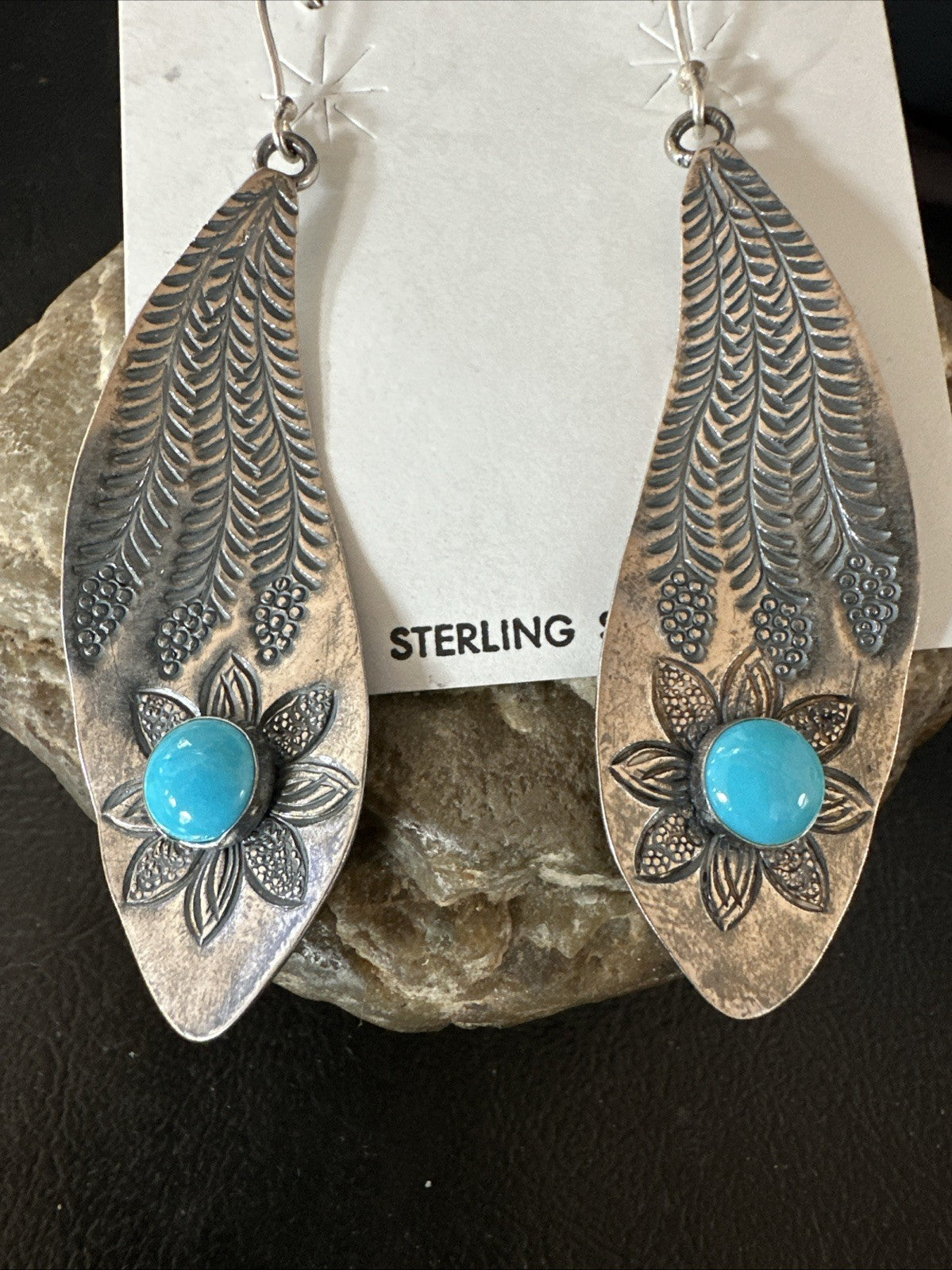 Womens Stamped Blue Turquoise Dangle Earrings Feather Sterling Silver 19785