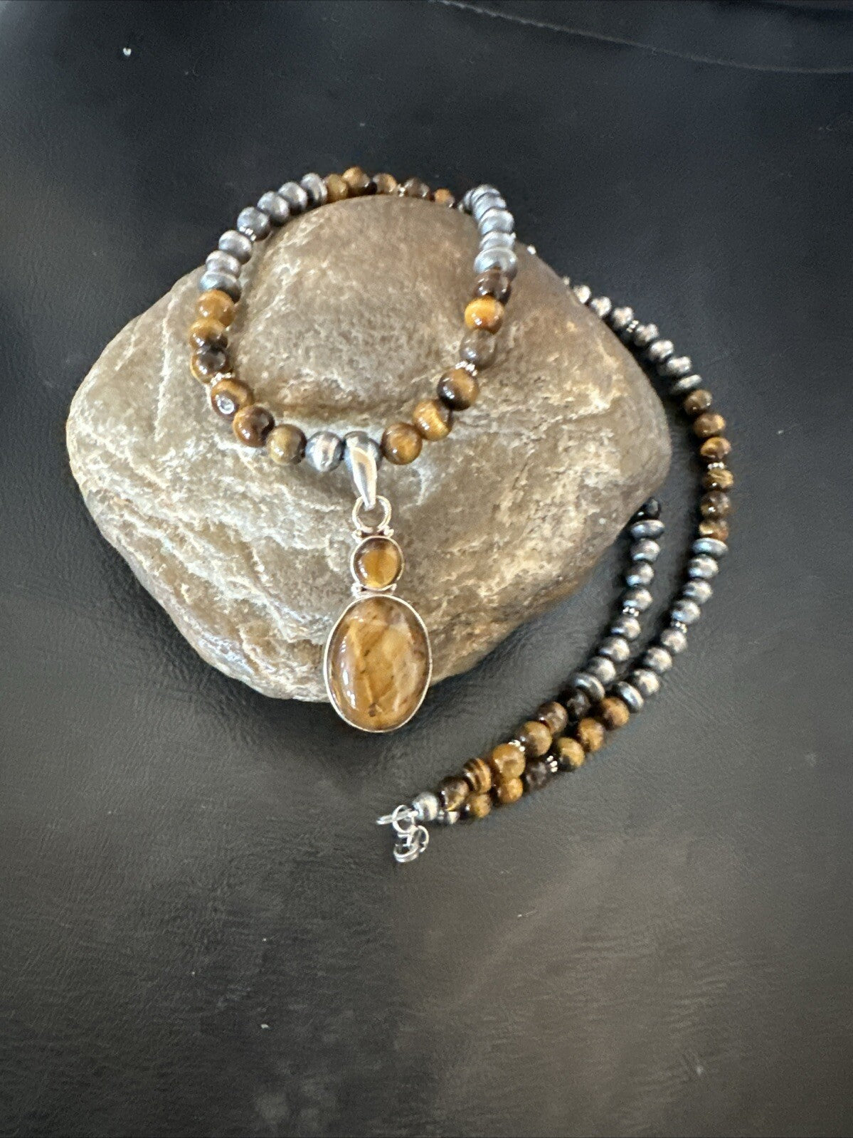 Coffee Brown Tigers Eye Sterling Silver Pendant Necklace Southwestern 18279